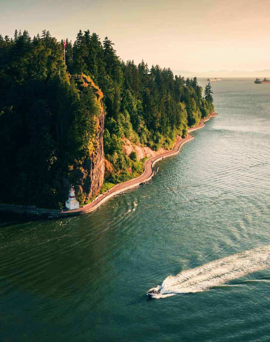 Stanley Park seawall at golden hour with the Pacific Ocean, Vancouver BC